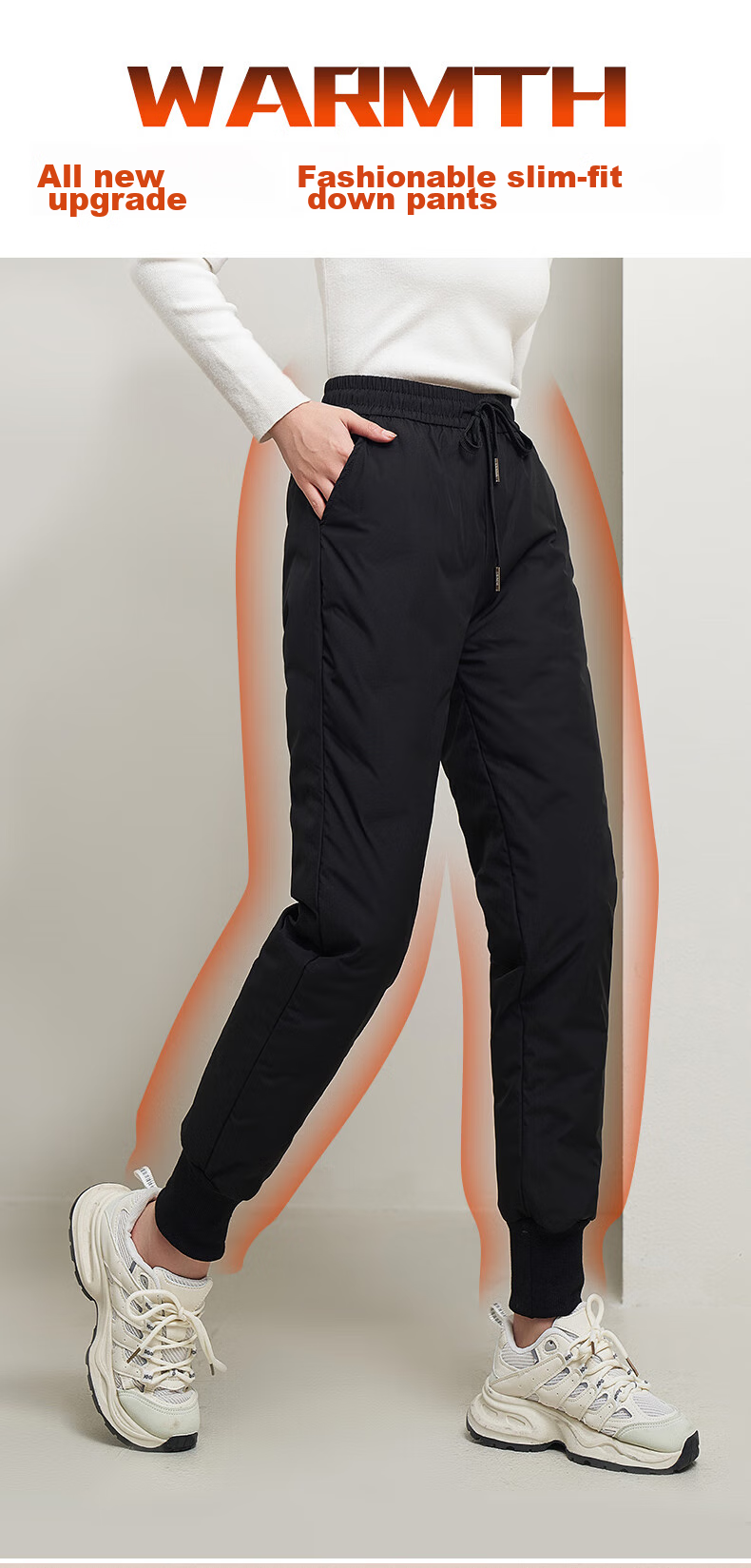 LangSha Black Gold down Pants for Women, Outdoor Wear, Winter Fleece-Lined White Duck Down Pants, Women's Tapered Leg Windproof Cotton Pants, Thickened Warm Trousers 1