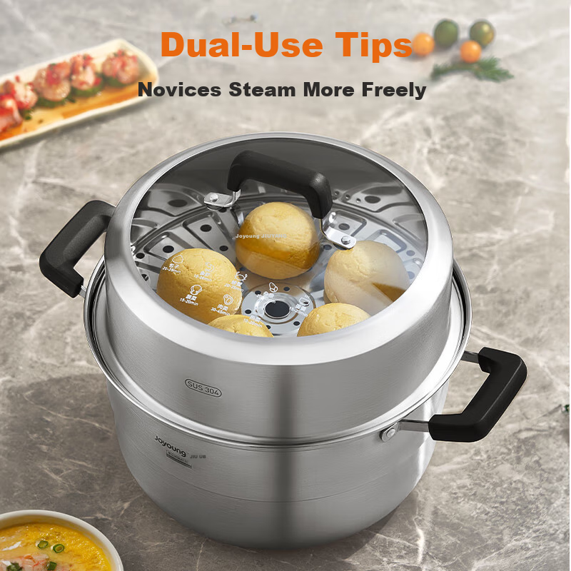 Joyoung Steamer Pot, 304 Stainless Steel, High-Arch Lid, Large Capacity, Double-Layer, for Steaming Buns And Stewing Soup, Compatible with Various Stoves, 30cm