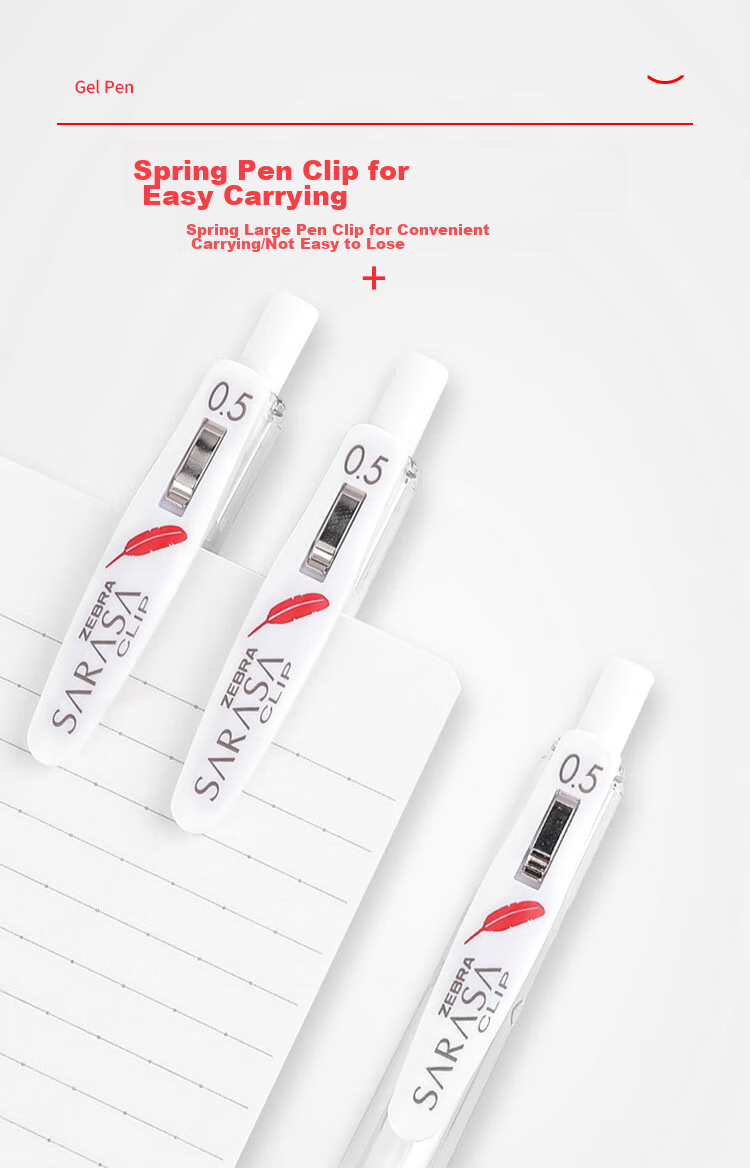 ZEBRA JJ99 Red Feather Retractable Gel Pen, 0.5mm Bullet Tip Signing Pen, Student Note-Taking Exam Practice Pen, Office Use Black Pen, White Barrel with Black Ink, Pack of 10 5