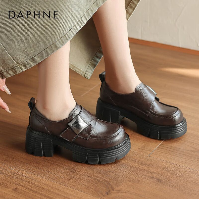 DAPHNE Women's Single Shoes, Retro Thick-Soled Loafers, High Heels, Small Leather Shoes, Women's Footwear 4024404259, Anke La Red, Size 36