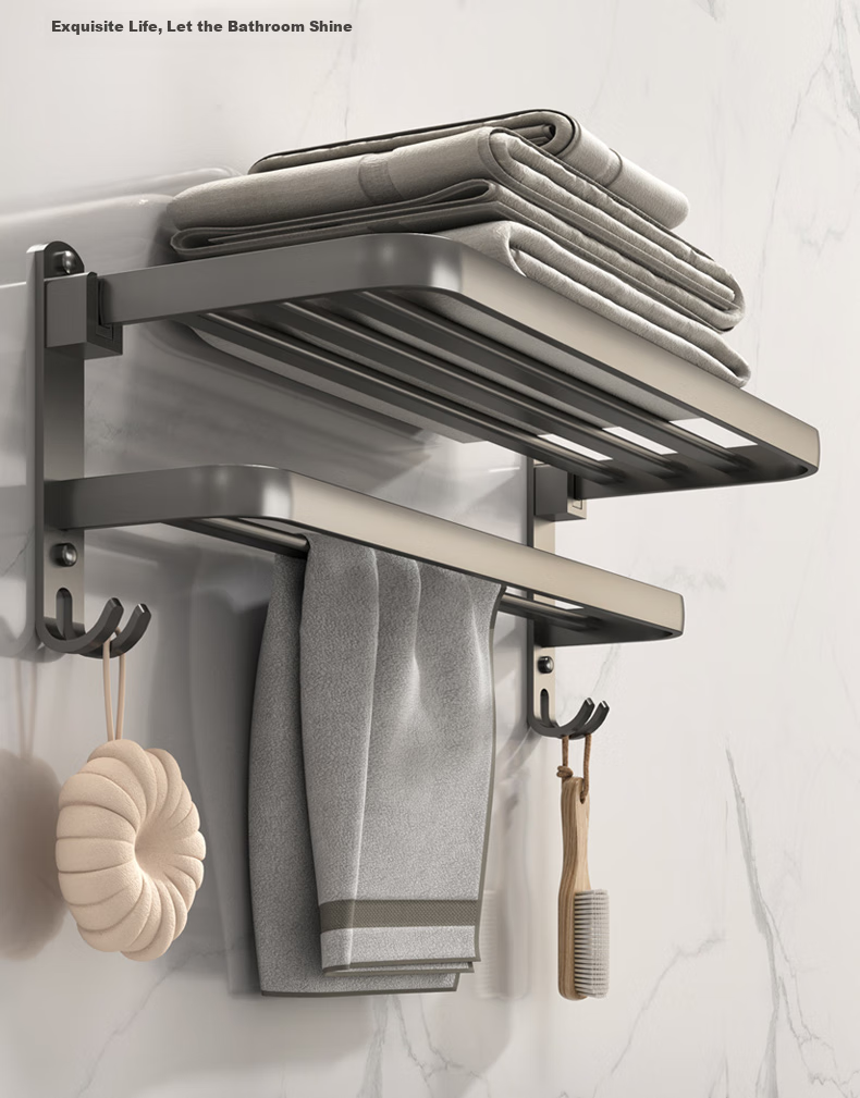 Xinpei No-Drill Towel Rack, Space Aluminum Folding Bathroom Storage Shelf, Toilet Washroom Hanging Organizer All-I 4