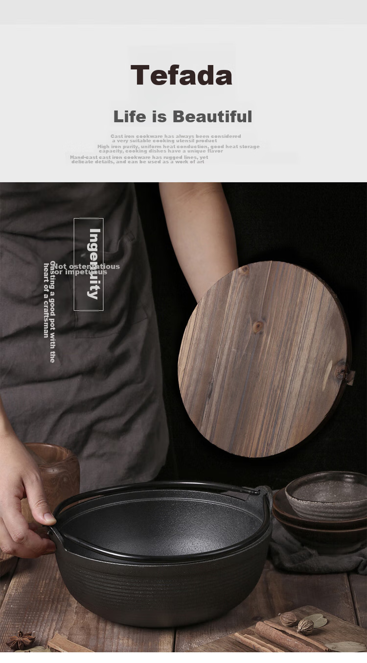 Telssida Japanese Cast Iron Sukiyaki Pot, Uncoated Thickened Non-Stick Raw Iron Soup Pot, Stew Pot, Meat Stewing Pot, Outdoor Cooking Hot Pot 1