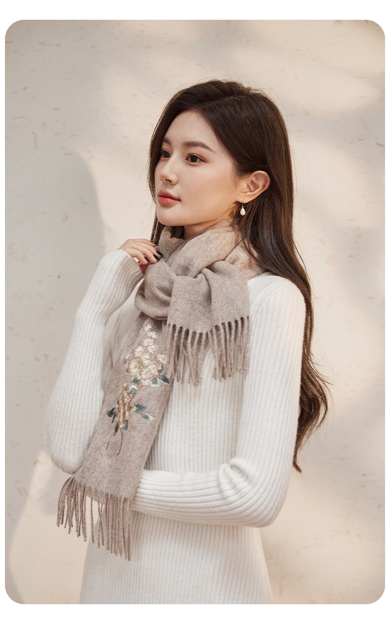 Hengyuanxiang 100% Wool Scarf for Women, Autumn And Winter Warm Neck Warmer, Embroidered Shawl, Gift for Mom And Elders, Mid-Autumn Festival Birthday Present 10