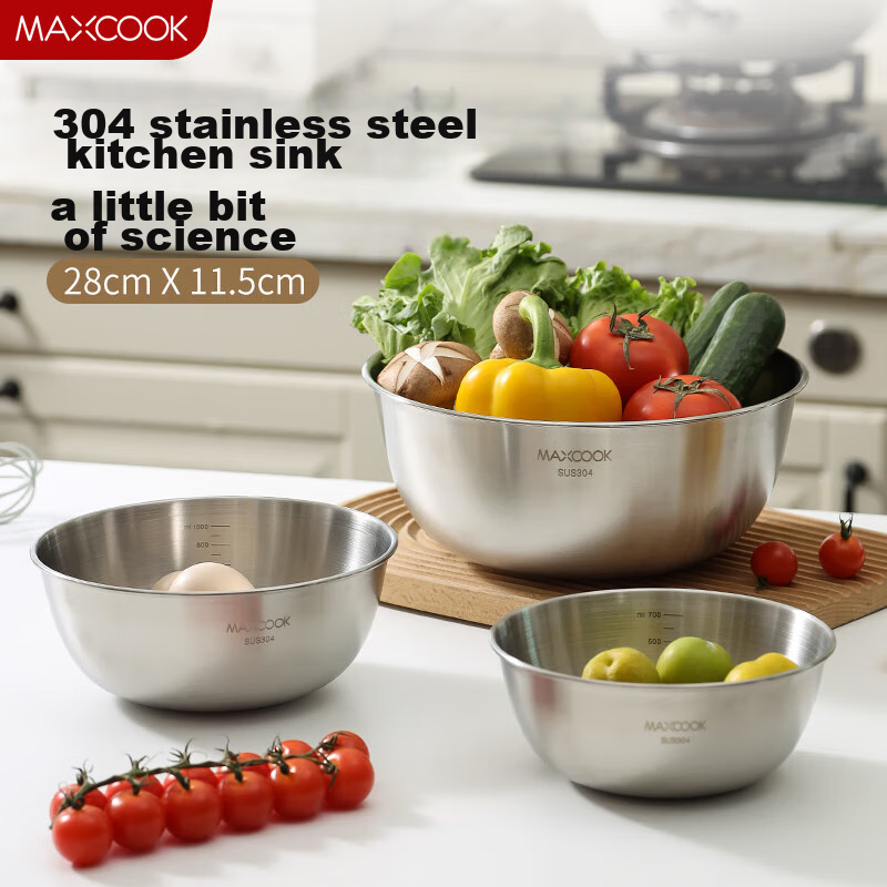 Meichun (Maxcook) 304 Stainless Steel Bowl, Salad Bowl, Thickened Seasoning Bowl, Vegetable Washing Bowl, Dough Mixing Bowl, with Scale, 28cm, MCWA6066