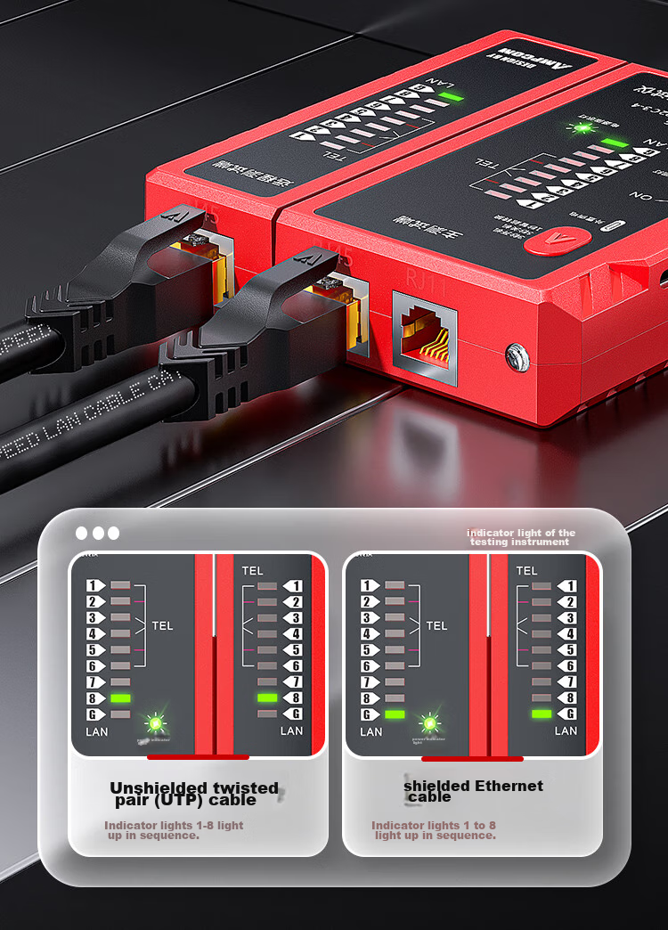 AMPCOM Network Cable Tester, Multifunctional RJ45 Connector Network Cable Tester with Charging POE Anti-Burn, RJ11 Telephone Line Intelligent Detection Tool AMBKZRJ4511 11
