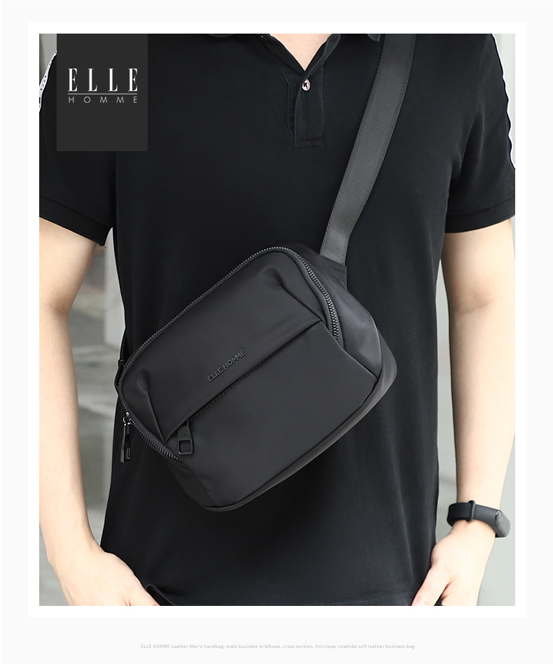 ELLE HOMME Men's Shoulder Bag, Trendy Lightweight Canvas Crossbody Bag, Water-Resistant Casual Phone Bag for Men, Travel Bag, Black 4