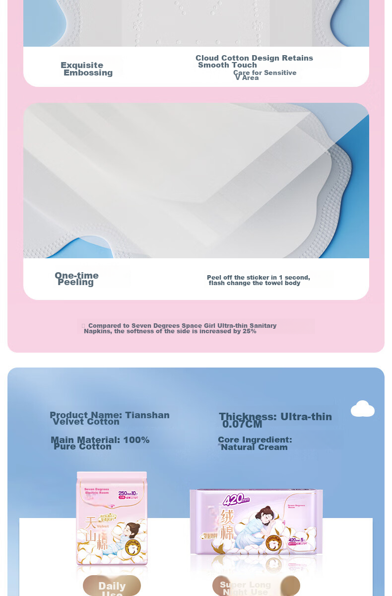 SPACE 7 Tianshan Cotton Sanitary Napkins, Ultra-Thin Pure Cotton Breathable Quick-Absorbing Daytime Menstrual Pads, 68 Pieces [New National Standard Certified] 12