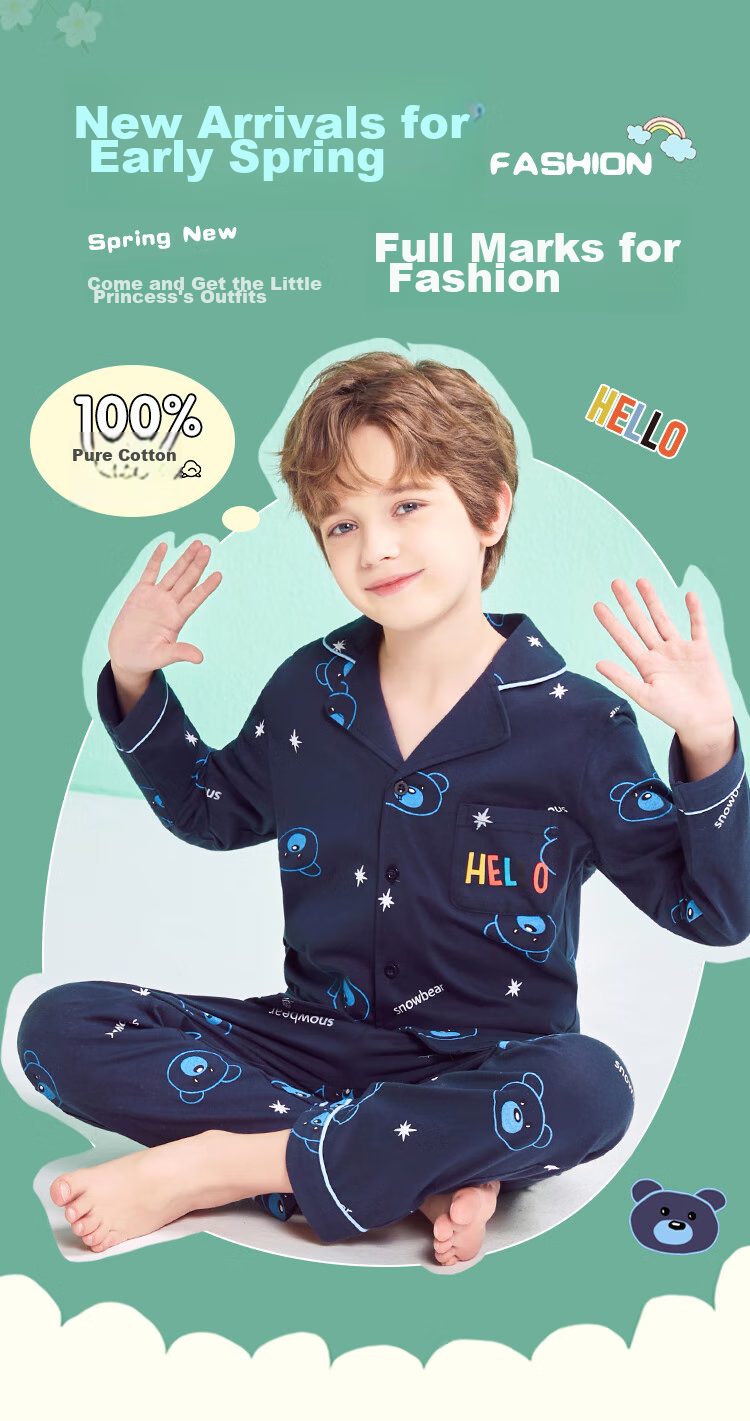 LangSha [Pure Cotton] Children's Pajamas, Boys' All-Season Thin Style, for Older Kids, Baby And Teenage Home Wear, Long-Sleeve Set 1