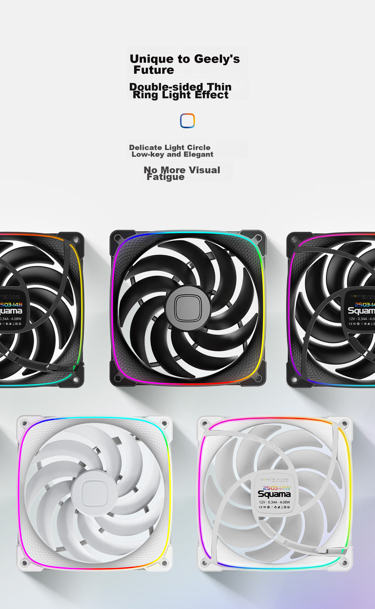 GeometricFuture Longshen 2503W-14CM Case Fan, Cooling Fan 14CM, ARGB Light Synchronization, PWM Speed Control, Smart Daisy-Chaining, White, Forward, Triple Pack 4