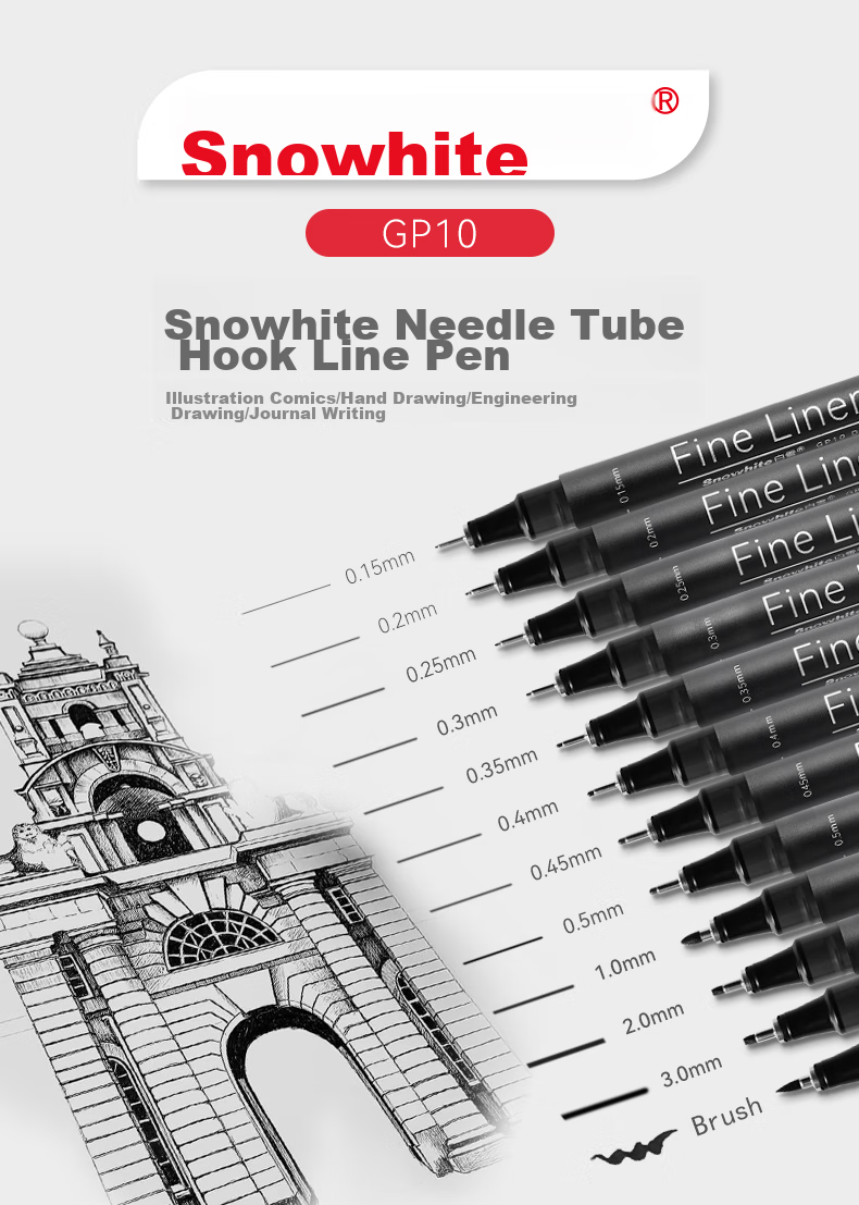 Snowhite Needle-Tip Pen, Waterproof Drawing Pen, Art Design Outlining Pen, Comic Pen, Sketching Pen, Specialized for Quick Sketches, Line Drawing Pen, Manga-Specific Set of 5 Pens 1