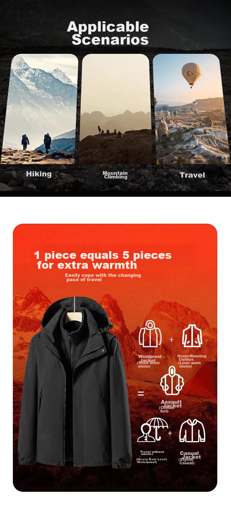 MiiOW Men's And Women's Three-In Thickened Jacket with Fleece Inner Layer, Couple Style, Waterproof Outdoor Hiking Mountaineering Coat for Me 7