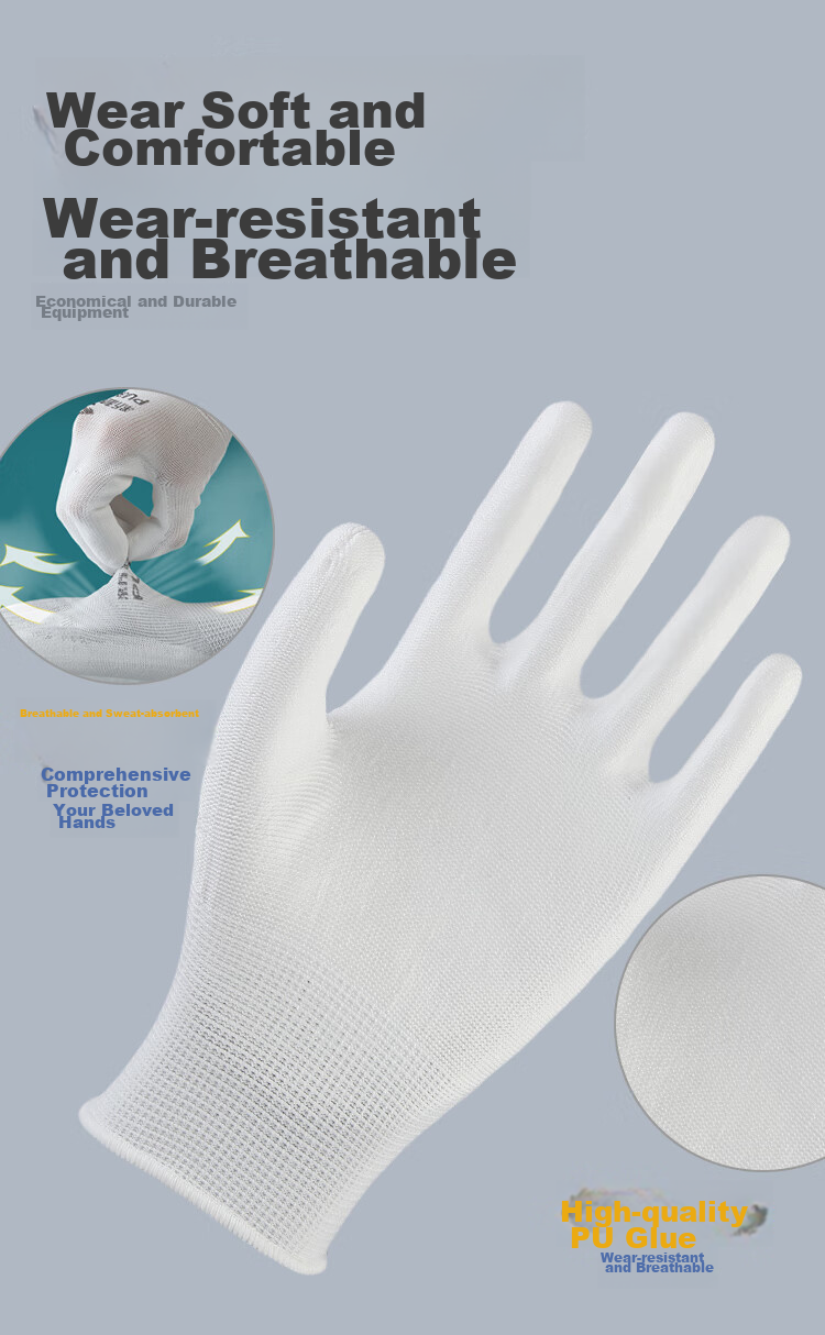 Xinyuechanghui PU Coated Gloves, 12 Pairs/pack, Nylon Work Gloves, Non-Slip Wear-Resistant Protective Dipped Gloves, White M Size, PU508 8