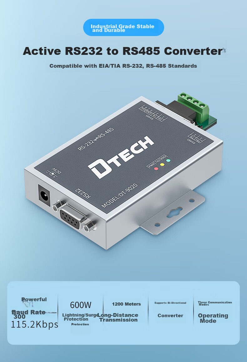 DTECH RS232 to RS485 Active Converter, Bidirectional Conversion Transmission, Industrial Grade 9-Pin Serial Communication Protocol, Lightning And Surge Protection Converter, DT-9020 1