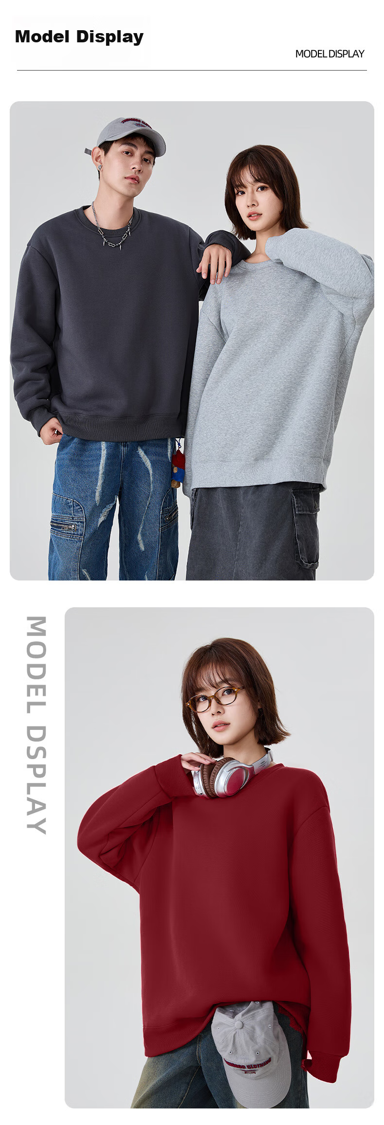 Baleno Sweatshirt for Men, Winter Trendy American Retro Round Neck Men's Jacket, Loose Thick Fleece-Lined Warm Youth Long-Sleeve 13
