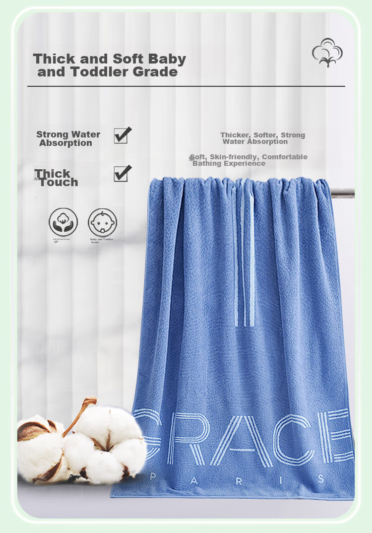Grace 405g Pure Cotton 7A Antibacterial Bath Towel for Men And Women, Thickened Soft Absorbent Quick-Drying Adult Large Bath Towel for Sports, Blue 4