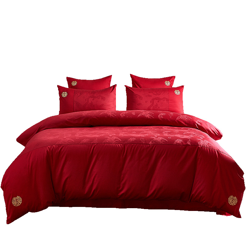 I-WILL Wedding Four-Piece Set Pure Cotton Bedding with Jacquard Pattern for Newlyweds, Luxurious Bedding Set, Liangyuan Daxi 2.0-Meter Bed