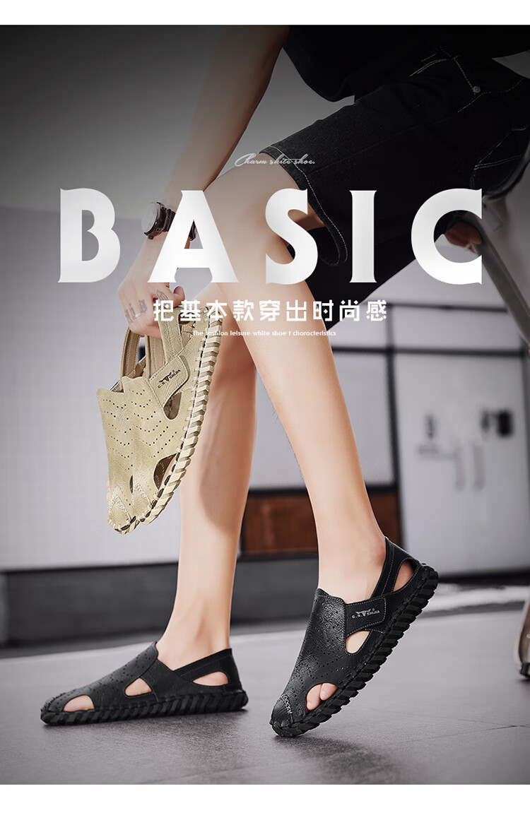 Bull Family Leather Sandals Summer Beach Shoes Men's Driving Outdoor Casual Trendy Soft Leather Soft Sole Handmade Hole Sandals 1