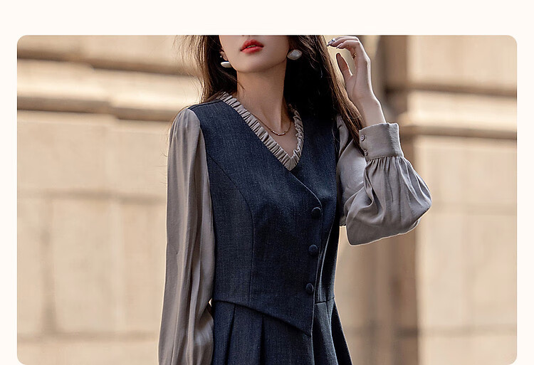 Dme [Ambiance Expert] Spring And Autumn Vintage Faux Two-Piece Ruffle V-Neck Puff Sleeve Waist-Cinching Pleated Women's Dress 4