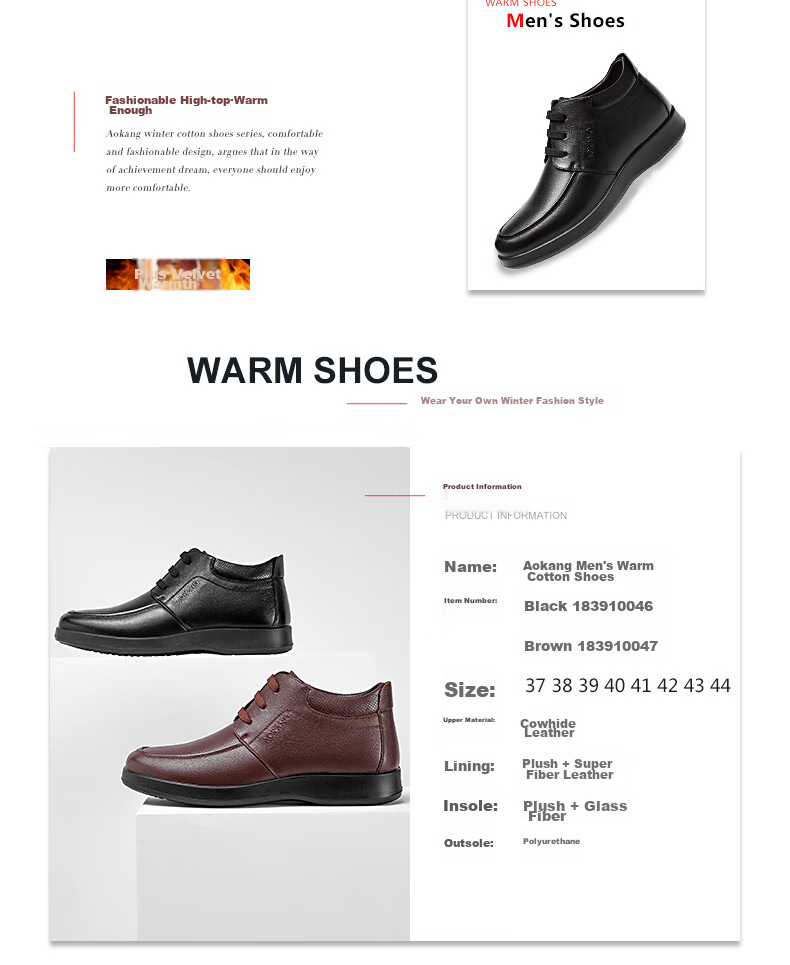 Aokang Casual Business Fleece-Lined Warm Cotton Shoes, Simple And Comfortable Cowhide Shoes for Men, Black, Size 39 18