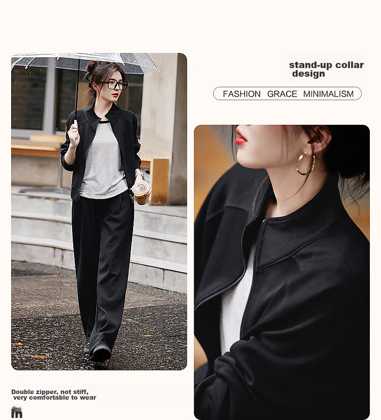 Dme [Wandering Outfit] Spring And Autumn Sporty Style Stand-Up Collar Double Zipper Long-Sleeve Top Casual Pants Women's Two-Piece Set 6