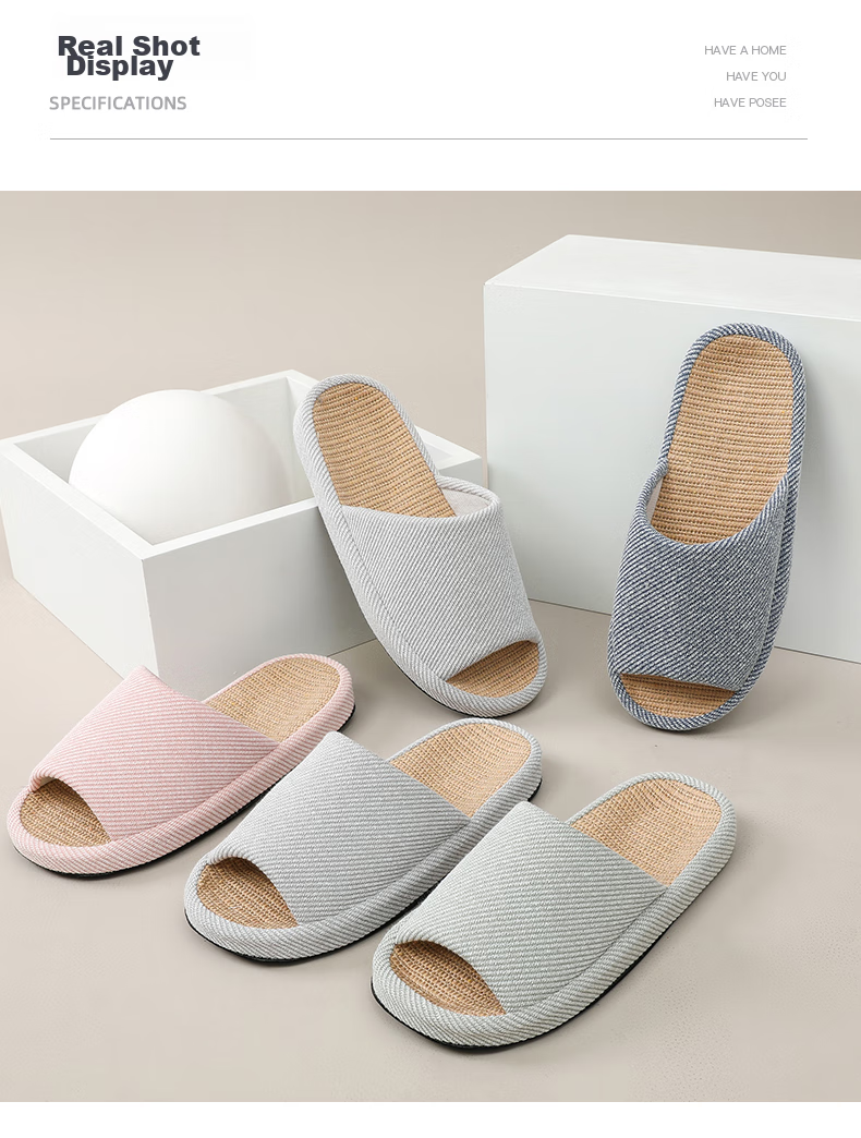 GUOLUOFEI Japanese-Style Linen Slippers, Women's Indoor Home All-Season Cotton And Linen Thick-Soled Men's Sandals, Navy Blue, Size 36-37 5