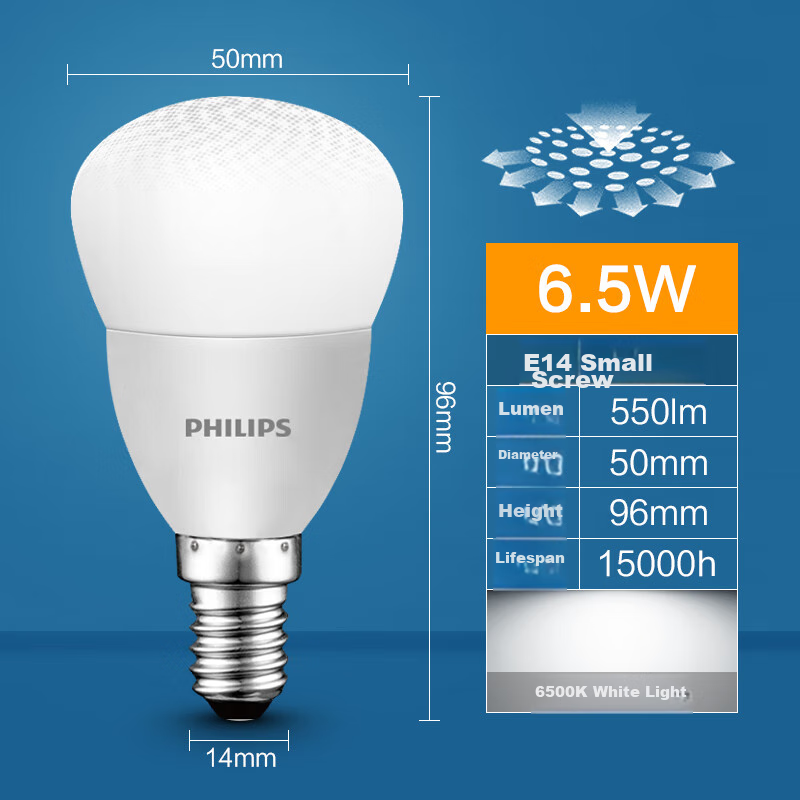 PHILIPS LED Bulb, Energy-Saving Globe Light for Home Living Room, Super Bright Mini Bulb, Narrow Base E14 Screw Base, 6.5W Cool White, Eye-Friendly Type