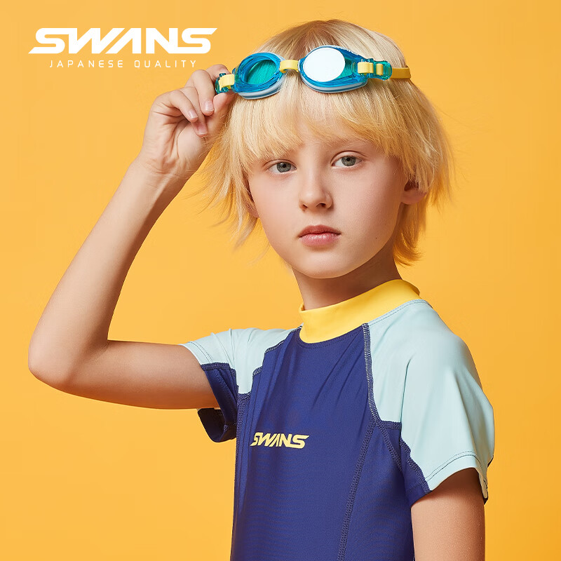 Детские очки для плавания SWANS, импорт из Японии, водонепроницаемые, противотуманные, для мальчиков и девочек, высокая четкость, для детей старшего возраста, с шапочкой для плавания, темно-синие