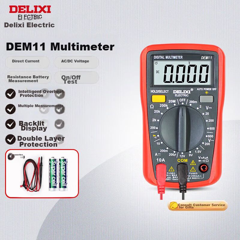 DELIXI ELECTRIC Digital Multimeter, Burn-Proof Backlit LCD Display, High-Precision Multi-Function Household Meter, Ammeter DEM11