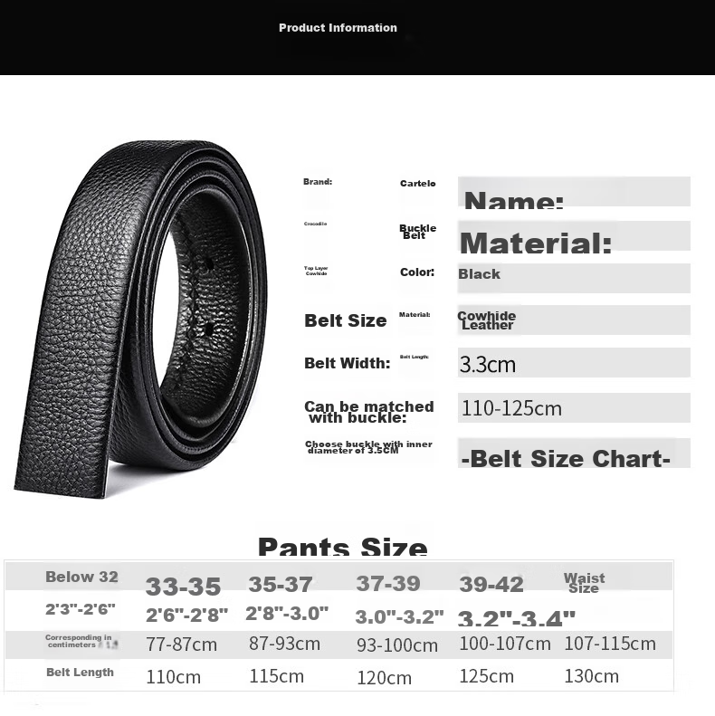 CARTELO Men's Belt, Top-Grain Leather, No Buckle, Waist Belt with Pin Buckle, Single-Belt Body, Gift 1