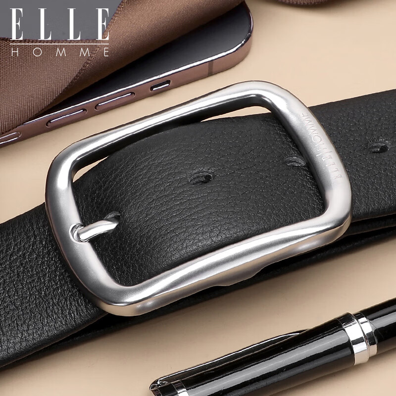 ELLE HOMME Men's Leather Belt with Pin Buckle, Top-Grain Cowhide Casual Trouser Belt for Men, Birthday Gift for Boyfriend