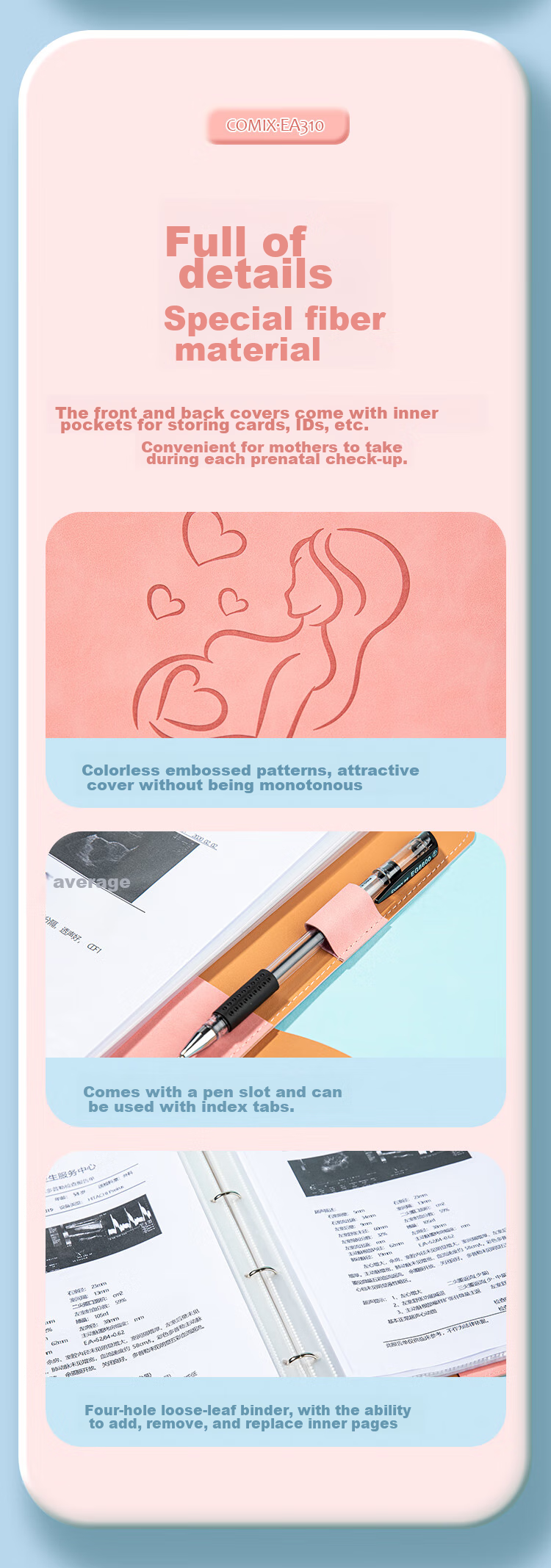 COMIX Pregnancy Check-Up Report, Pregnancy Information Record Book, Portable Ultrasound A4 Examination Form, Large Capacity Collection Book, Pink EA310 [Mother's Day Gift] 6