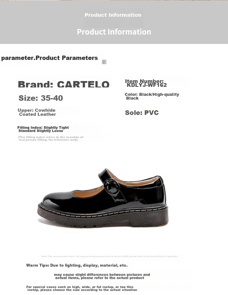 CARTELO Women's Leather Shoes, Mary Jane Shoes, Student Performance Shoes, KDLYJ-WF162, Black Patent Leather, Size 37 3