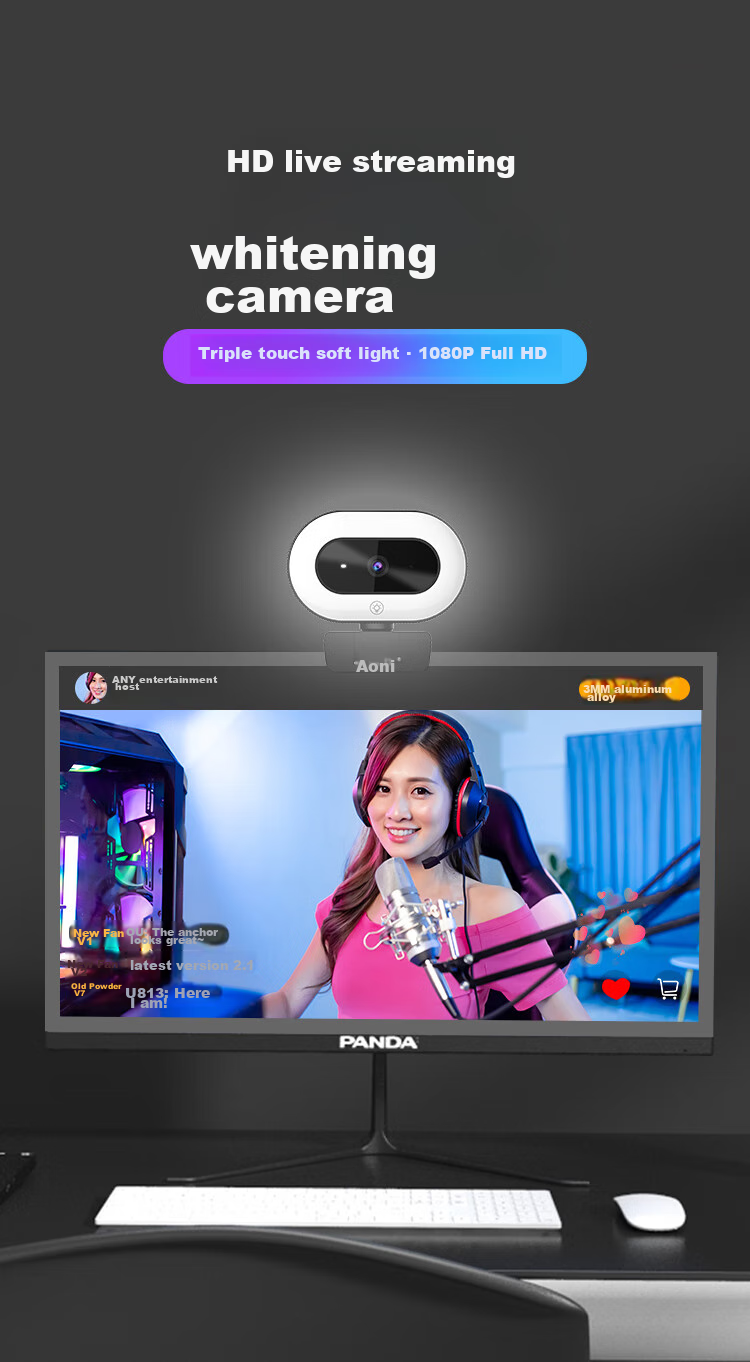 Aoni Live Streaming Camera, High-Definition Beauty Filter, Live Streaming Product Promotion, Touch Control Three-Level Fill Light, Desktop And Laptop USB Interface Plug And Play A60 2