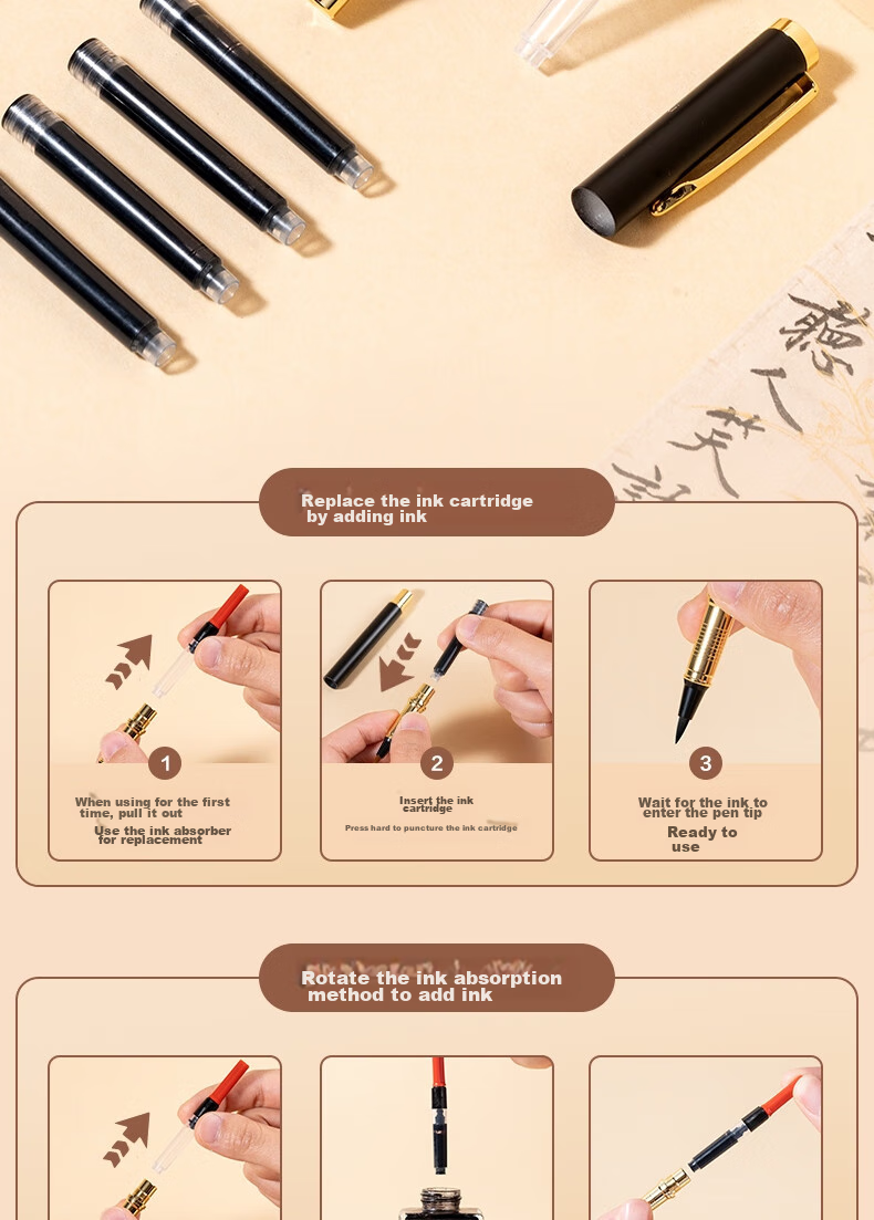 Deli Fountain Pen-Style Brush Pen, Soft Calligraphy Practice Pen for Small Regular Script, Refillable Ink, Adult Beginner Student Calligraphy Copybook Practice Pen with Soft Wolf Hair Tip, Portable Sutra Writing Pen for Business, Black And Gold 12