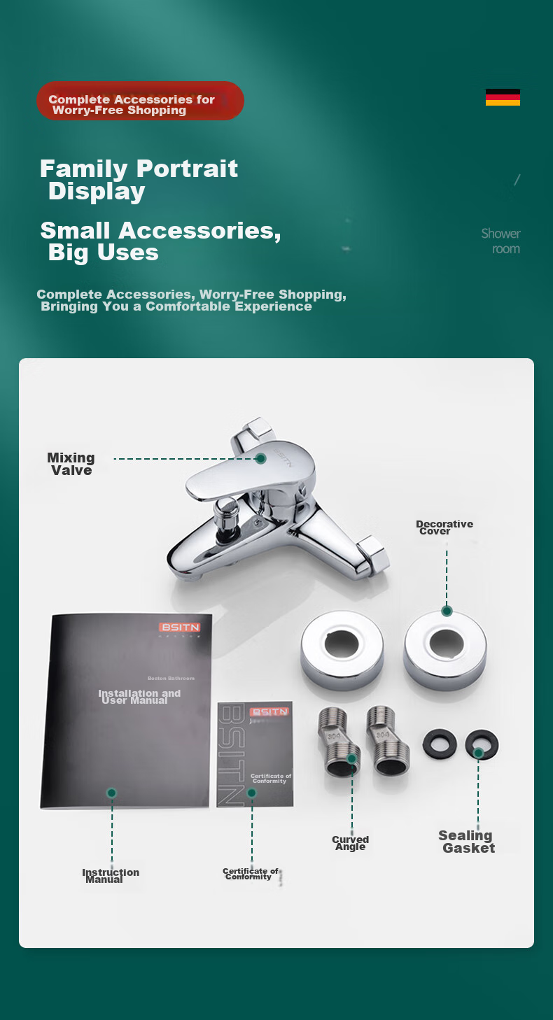 BSITN Bathroom Sink Mixer Tap, Hot And Cold Water Valve, Bathroom Shower Switch, Triple Mixing Faucet B7102 16