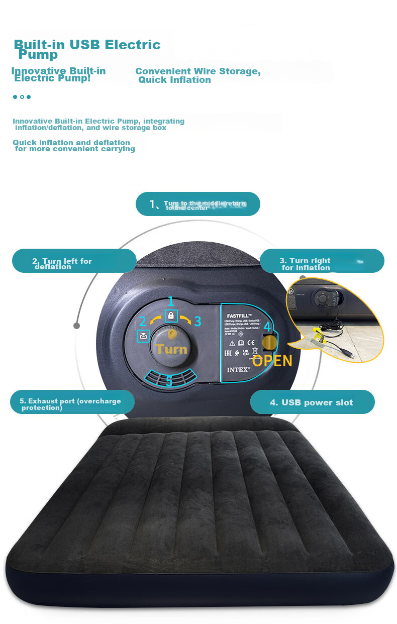 INTEX Built-In Electric Pump USB Port Three-Person Automatic Inflatable Mattress Nap Tent Pad Moisture-Proof Mat Folding Bed 66129N 10