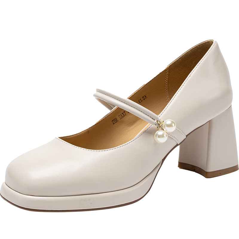 ZHR Women's Lambskin Flats, Shallow Mouth, Chunky High Heels, Mary Jane Shoes, Retro Square Toe, Height-Increasing Women's Shoes, CQ61 Beige, Size 39