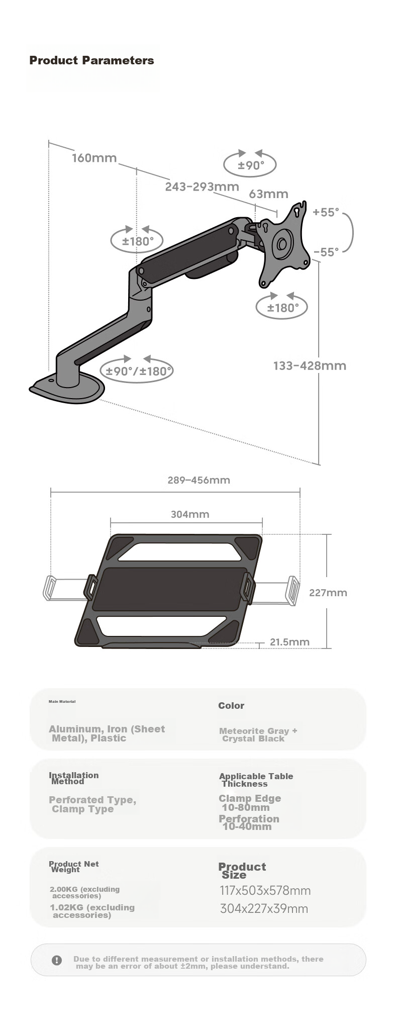 Brateck Beihu Laptop Stand, Mechanical Arm, Monitor Stand, Laptop Computer Desktop Clamp Base, Screen Riser And Heightening Bracket, E350 Gray + APE40 12