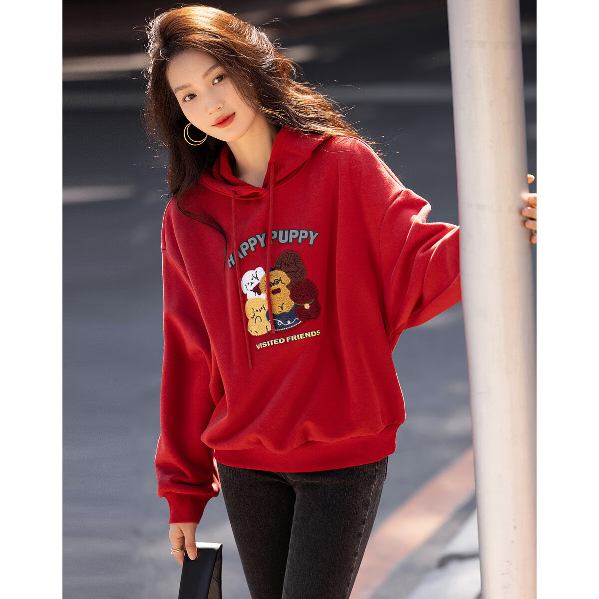 DME Winter Casual Hooded Letter Animal Towel Embroidery Fleece Warm Sweatshirt for Women Brick Red XL