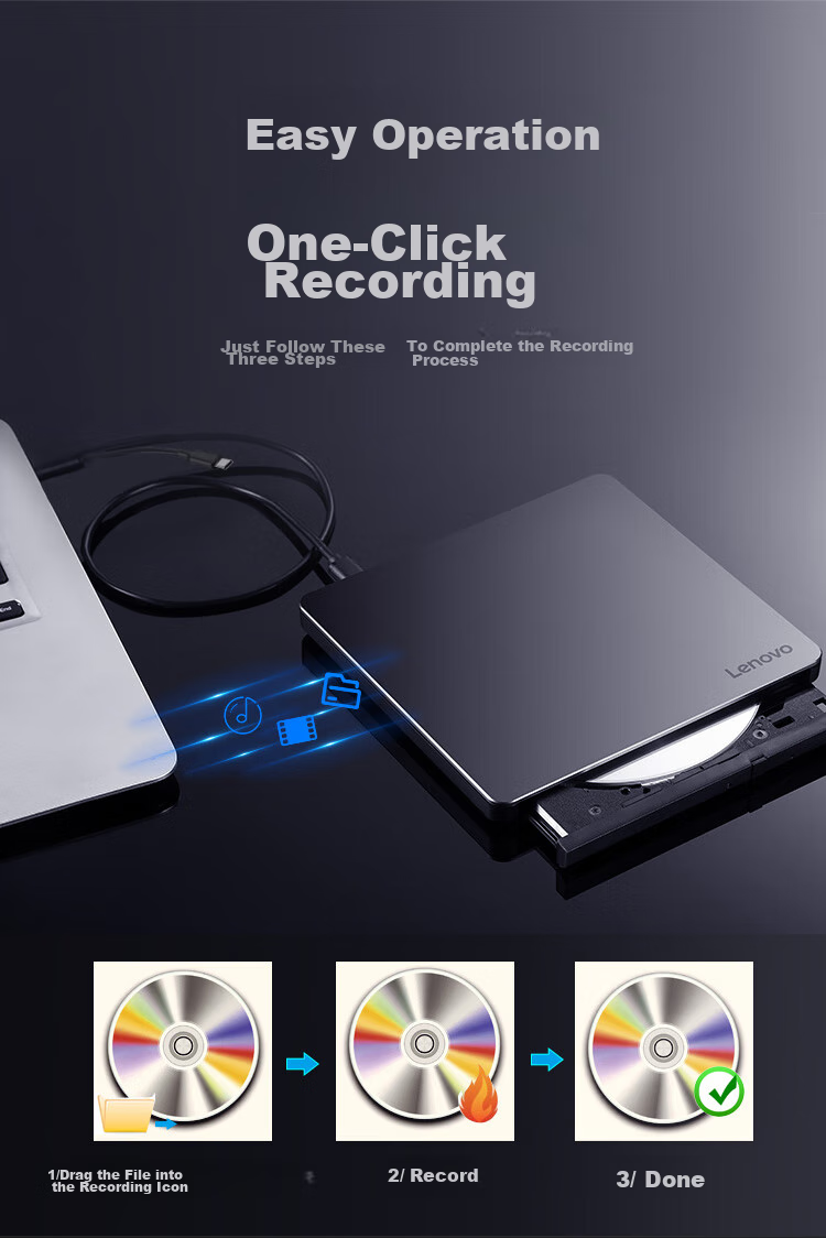 Lenovo 8x Speed Aluminum Alloy Material Type-C/USB External Optical Drive DVD External Burner Mobile Optical Drive Laptop External Read And Write All-In DB85 14