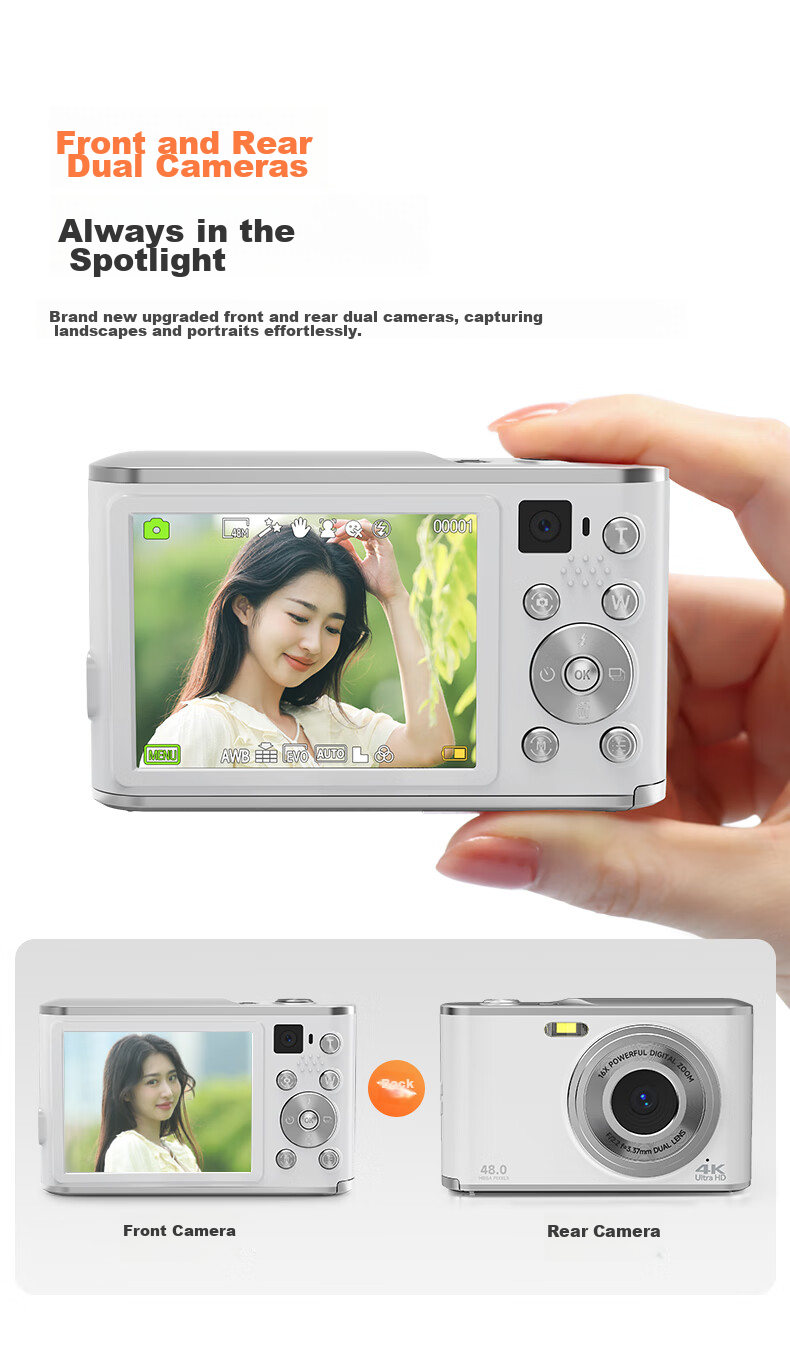 CAIZU Dual-Lens 64MP Digital Camera with Selfie And Card Slots for Students, Uploadable to Phones, Upgraded Alternative to Z3 Ccd Camera, Birthday Gift for Boys And Girls 6