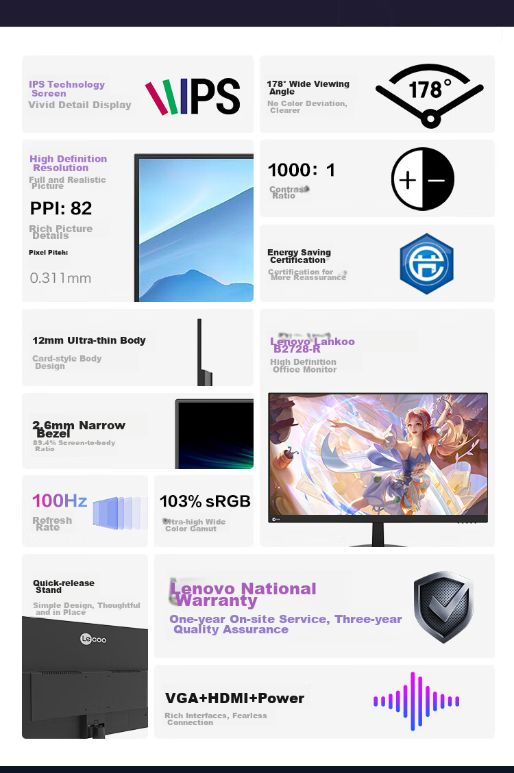 Lenovo Lecoo, 27-Inch IPS, 100Hz Refresh Rate, Full HD, 103% SRGB Wide Color Gamut, Narrow Bezel, Wide Viewing Angle, Computer Monitor for Office And Gaming, B2728-R 2
