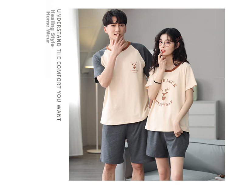 LangSha Couple's Pajamas for Men, Summer Thin Pure Cotton Wearable Short-Sleeve Korean-Style Home Wear Set, Deer Pattern Male Style, Size L 7
