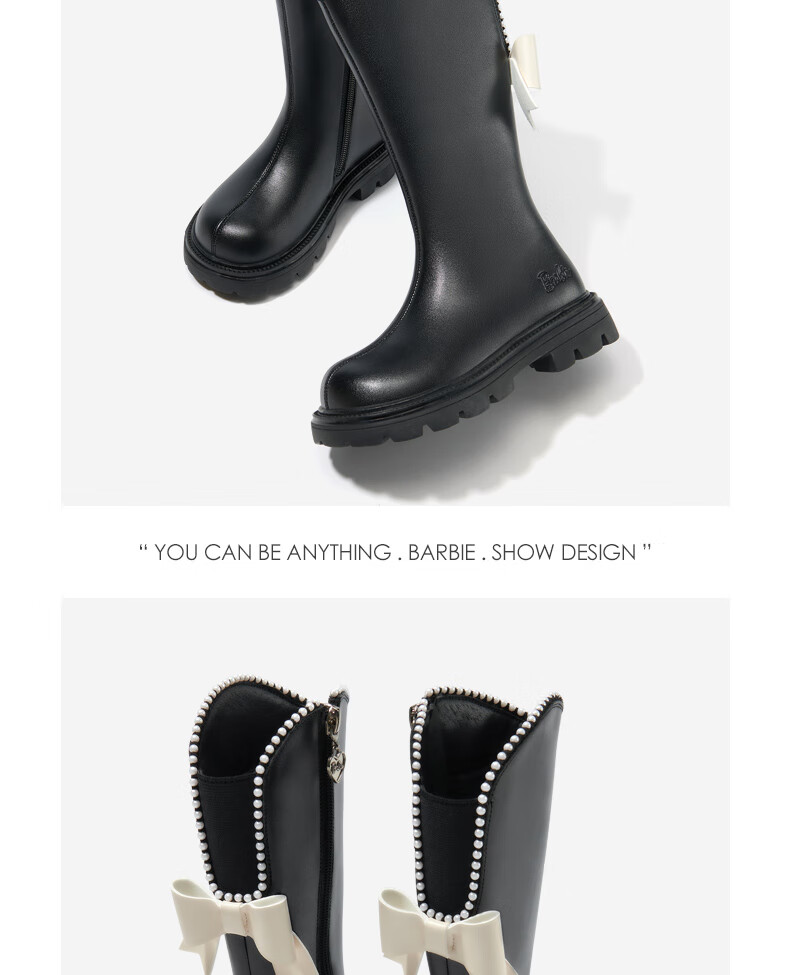 Barbie Girls' Fashion High-Top Leather Boots with Bow, Single-Lined Long Boots DA6096 Off-White Size 30 5