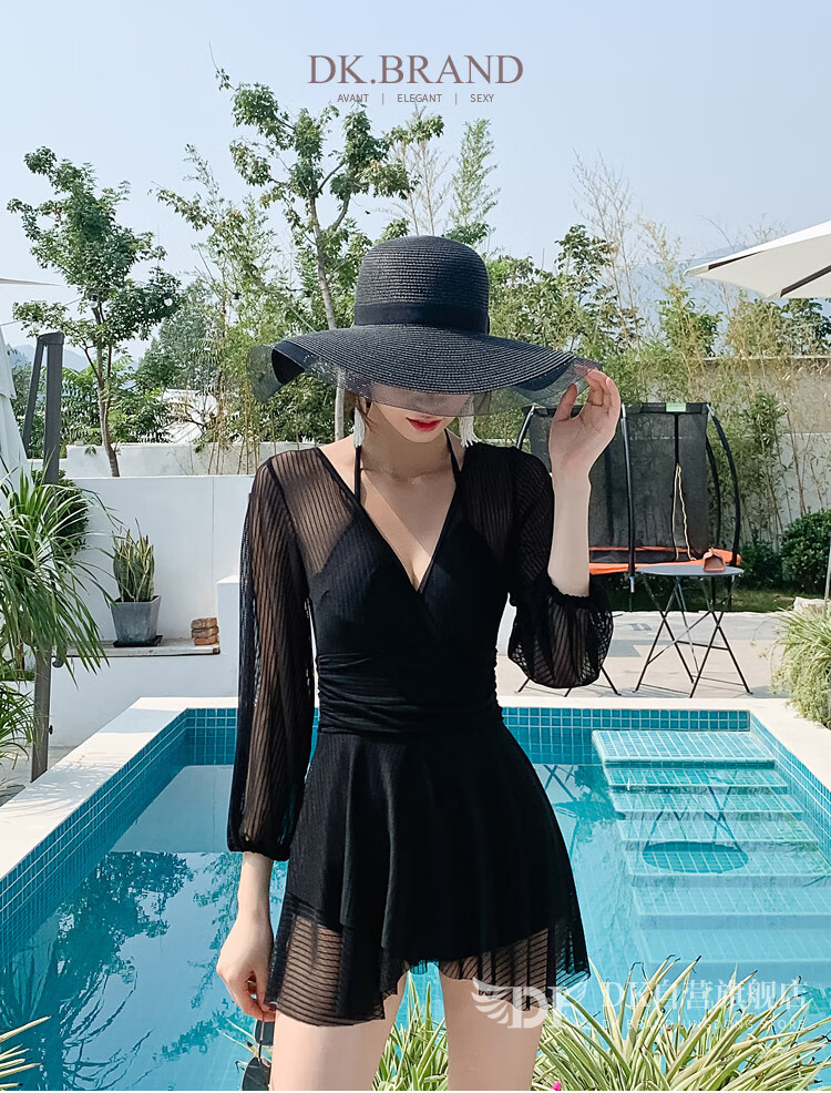 DK Swimsuit for Women, Sexy Small Chest Push-Up Conservative Tummy-Covering Slimming Korean Hot Spring One-Piece Swimwear, Black, L 1