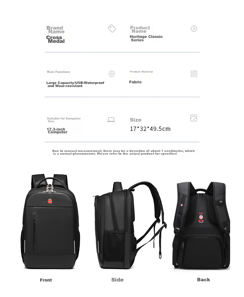 CROSSGEAR Swiss Cross Medal Backpack, 17.3-Inch Laptop Bag, Large Capacity Business Travel Backpack for Me 20