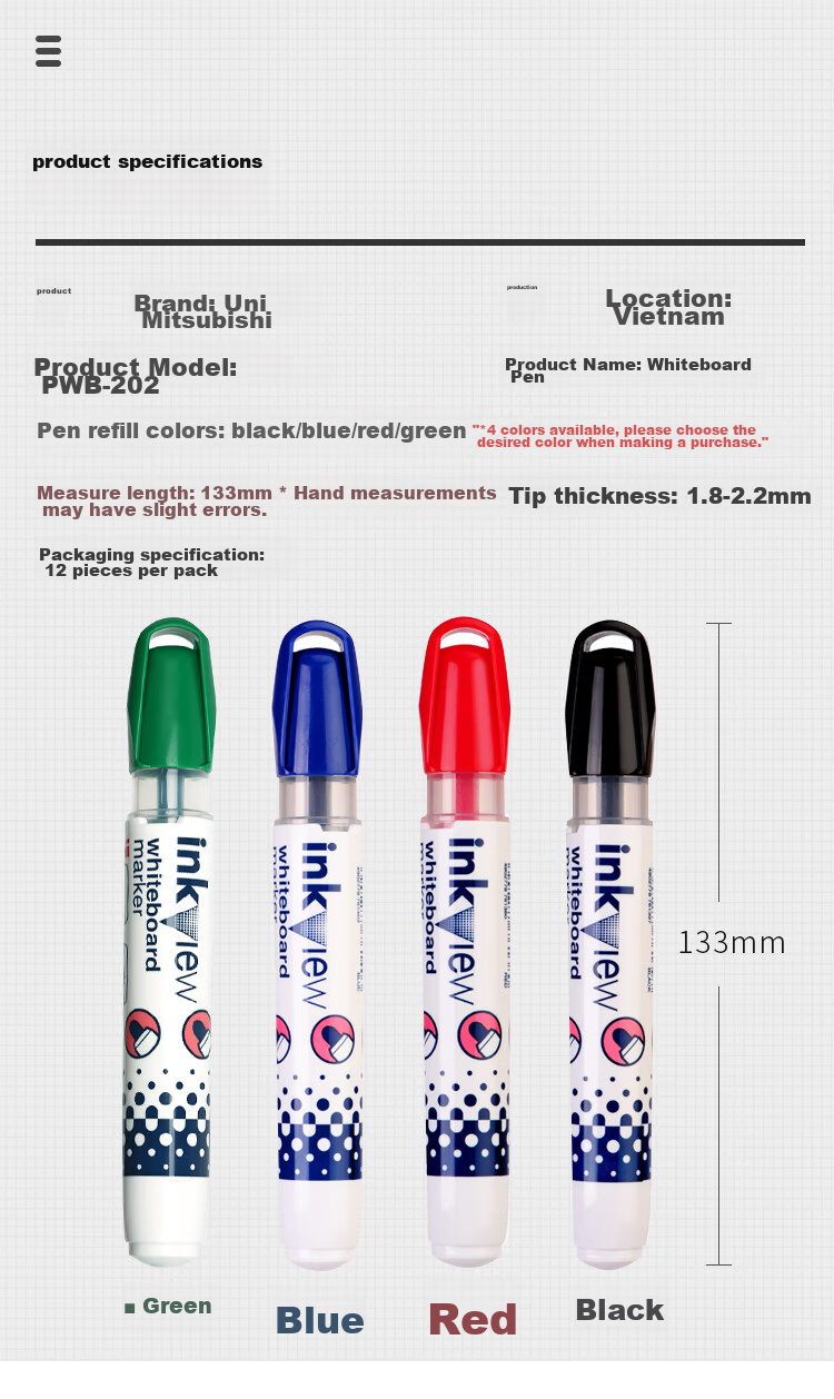 Uni Mitsubishi Erasable Whiteboard Marker PWB-202 Office Stationery Children's Marker Pen, 1.8mm-2.2mm Black, 12-Pack 8