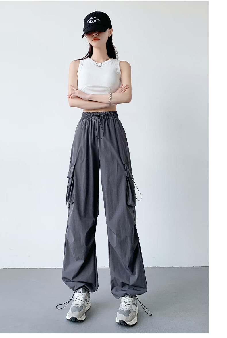 LangSha American-Style Parachute Cargo Pants for Women, Summer Ice Silk High-Waist Wide-Leg Loose Casual Quick-Dry Outdoor Sports Pants 46