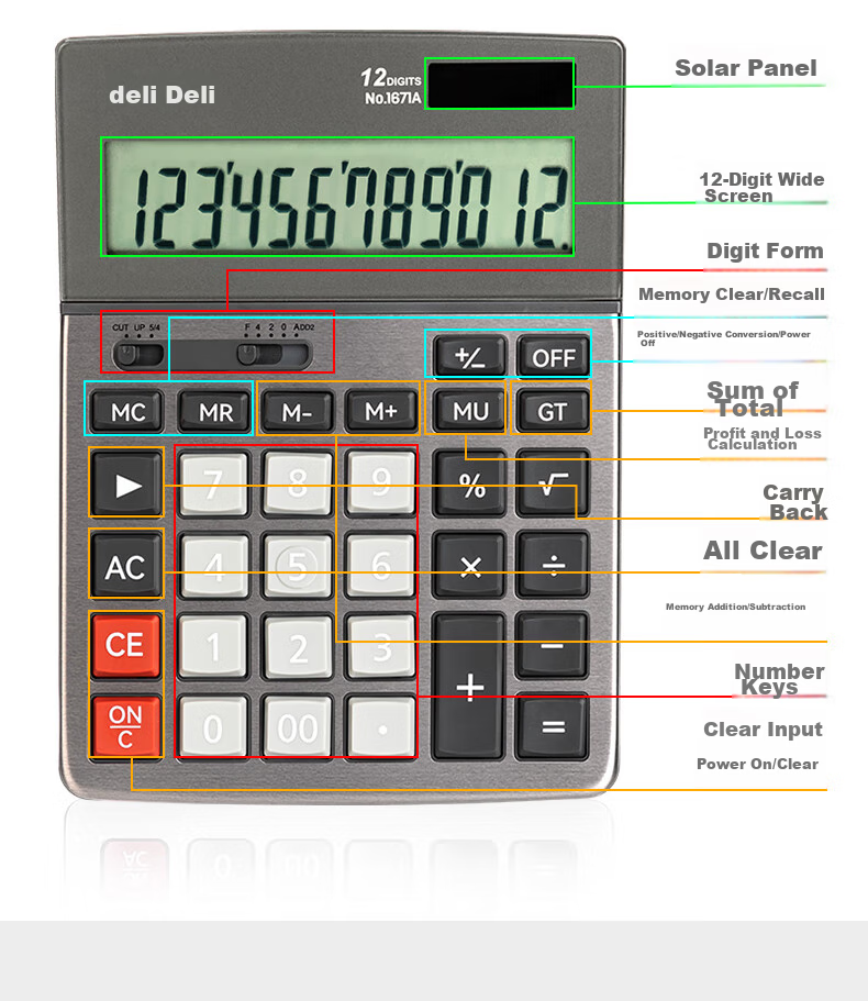 Deli Dual Power Business Office Desktop Calculator, 12-Digit Large Screen Plastic Keypad Desktop Calculator, 1671A 12
