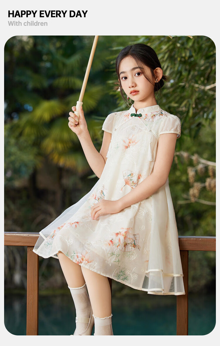 ASK JUNIOR Chinese-Style New Modern Girls' Dress, Summer Lightweight Mesh Dress, Embroidered Princess Skirt 6